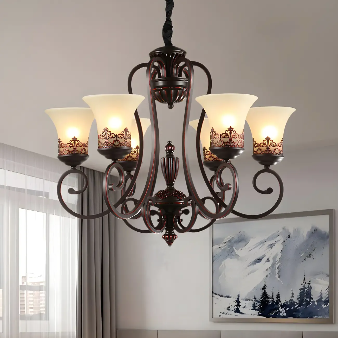 Black Metal Glass Vintage Style Chandelier Light Image - 1