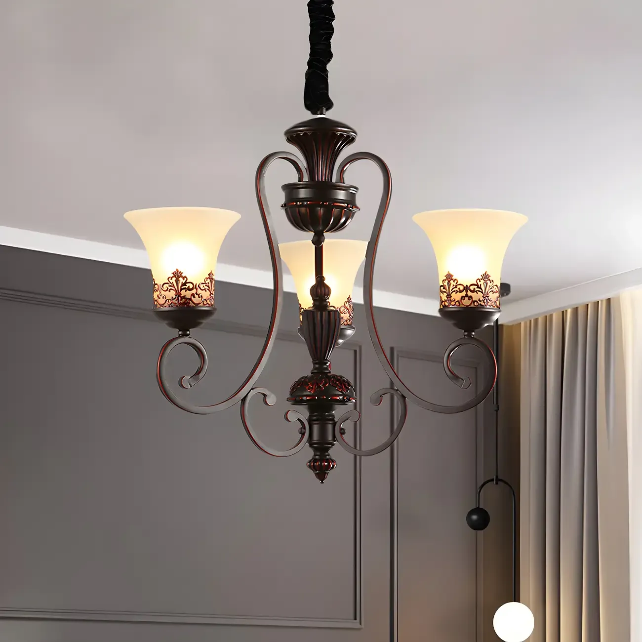 Black Metal Glass Vintage Style Chandelier Light Image - 5
