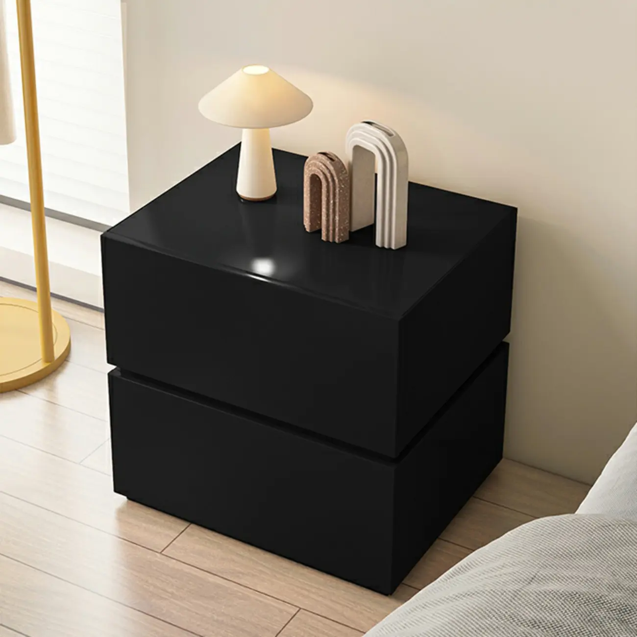 Minimalist Black Gloss Wood 2-Drawer Nightstand Image - 5 | homeyfad