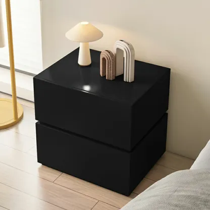 Minimalist Black Gloss Wood 2-Drawer Nightstand Image - 5
