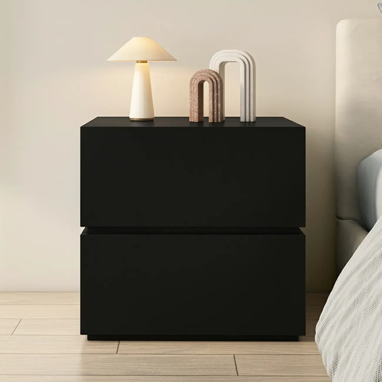 Minimalist Black Gloss Wood 2-Drawer Nightstand Image - 1