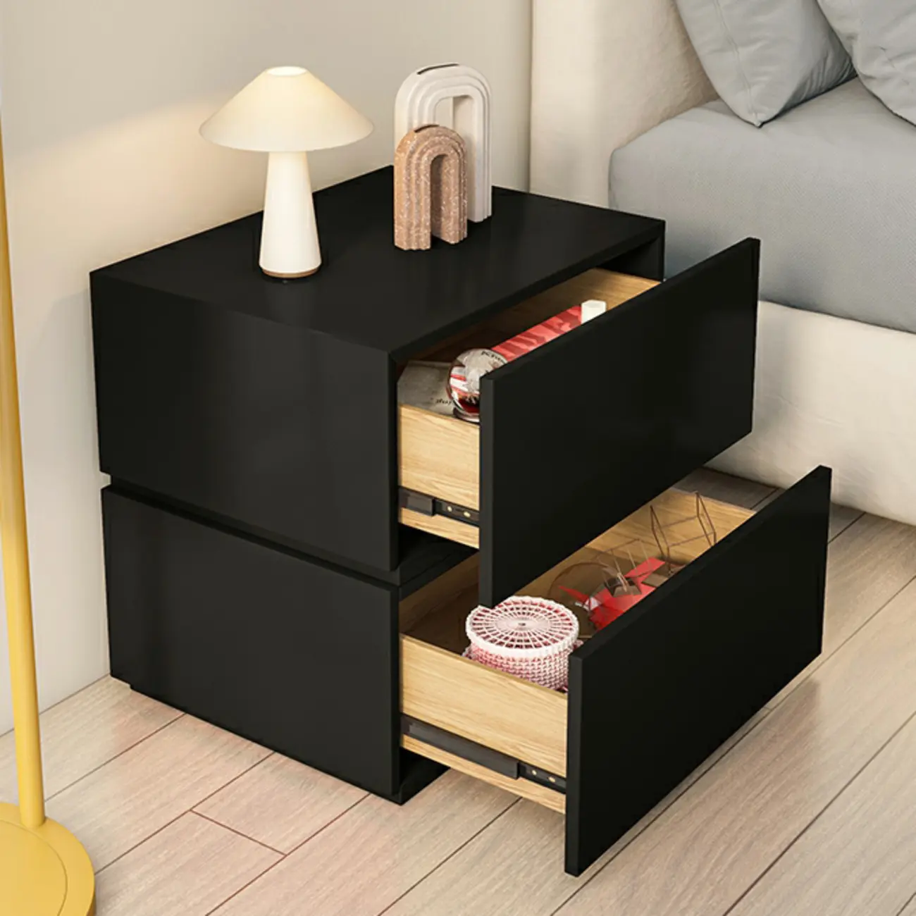 Minimalist Black Gloss Wood 2-Drawer Nightstand Image - 4 | homeyfad