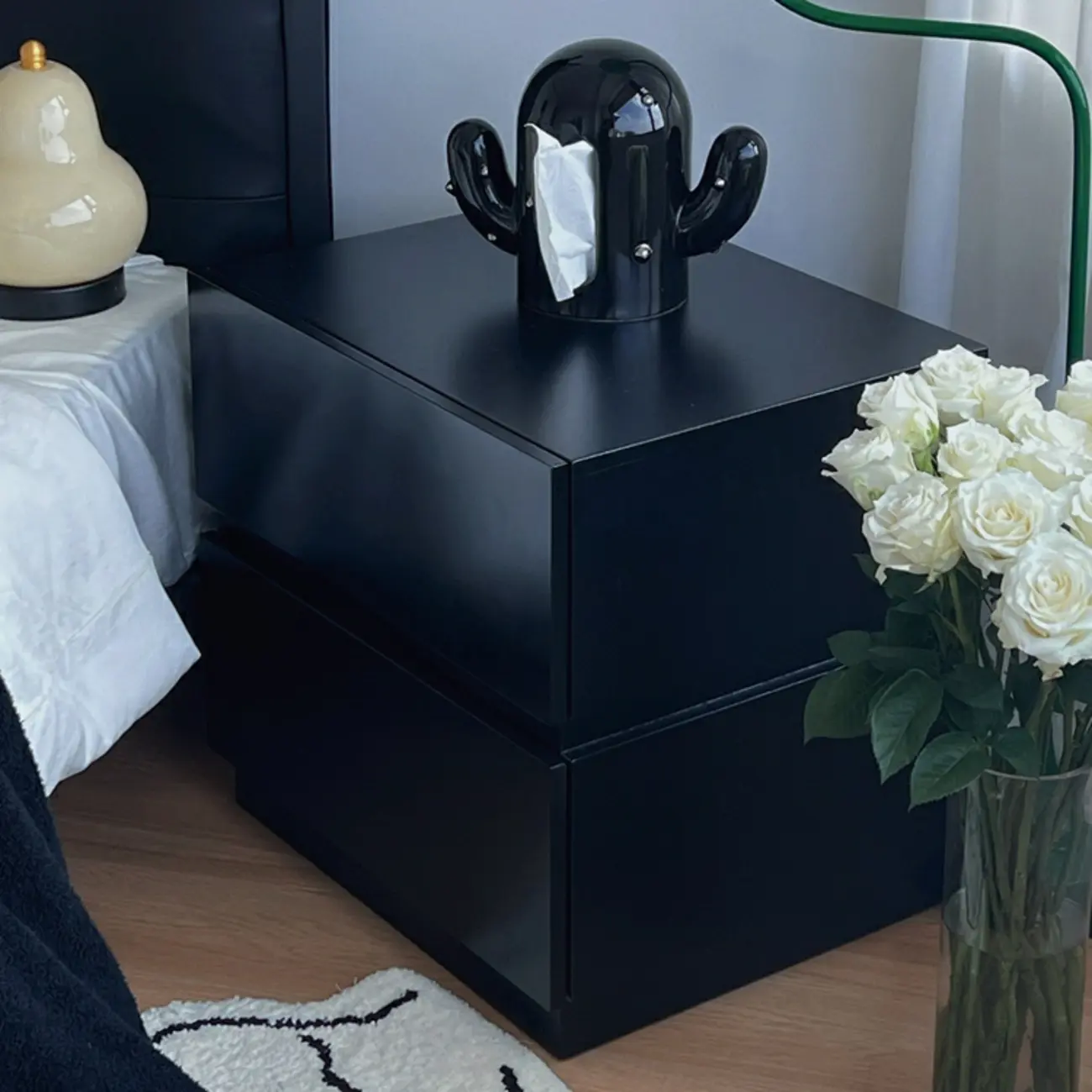 Minimalist Black Gloss Wood 2-Drawer Nightstand Image - 6 | homeyfad