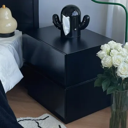 Minimalist Black Gloss Wood 2-Drawer Nightstand Image - 6