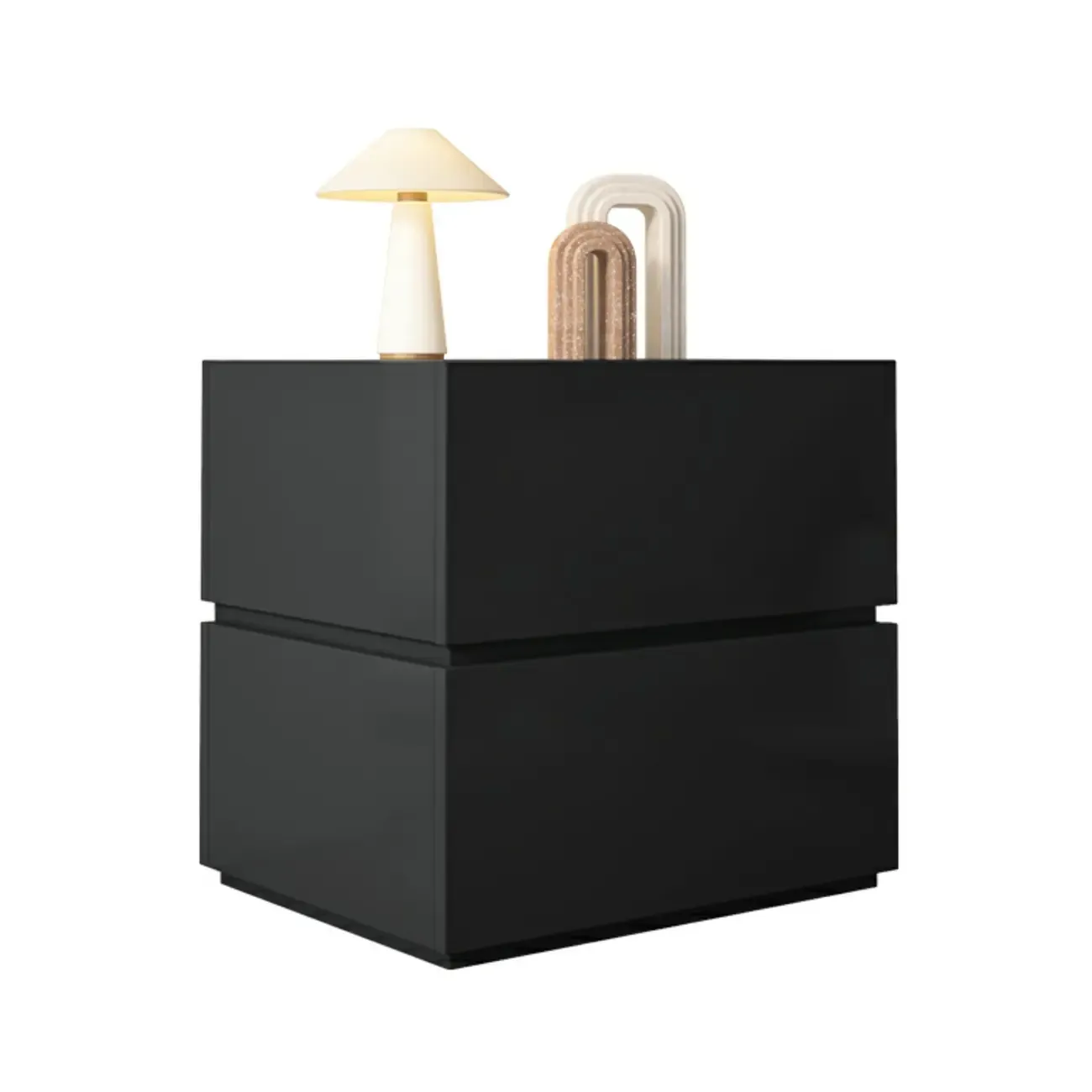 Minimalist Black Gloss Wood 2-Drawer Nightstand Image - 8