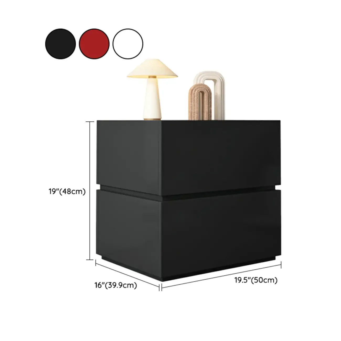 Minimalist Black Gloss Wood 2-Drawer Nightstand #size