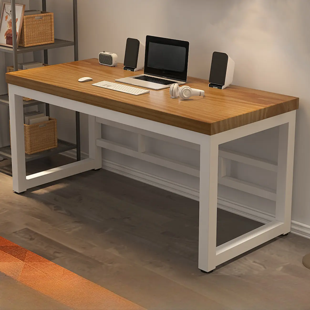 55"L Simple Brown Wood White Frame Office Computer Desk Image - 1 | homeyfad