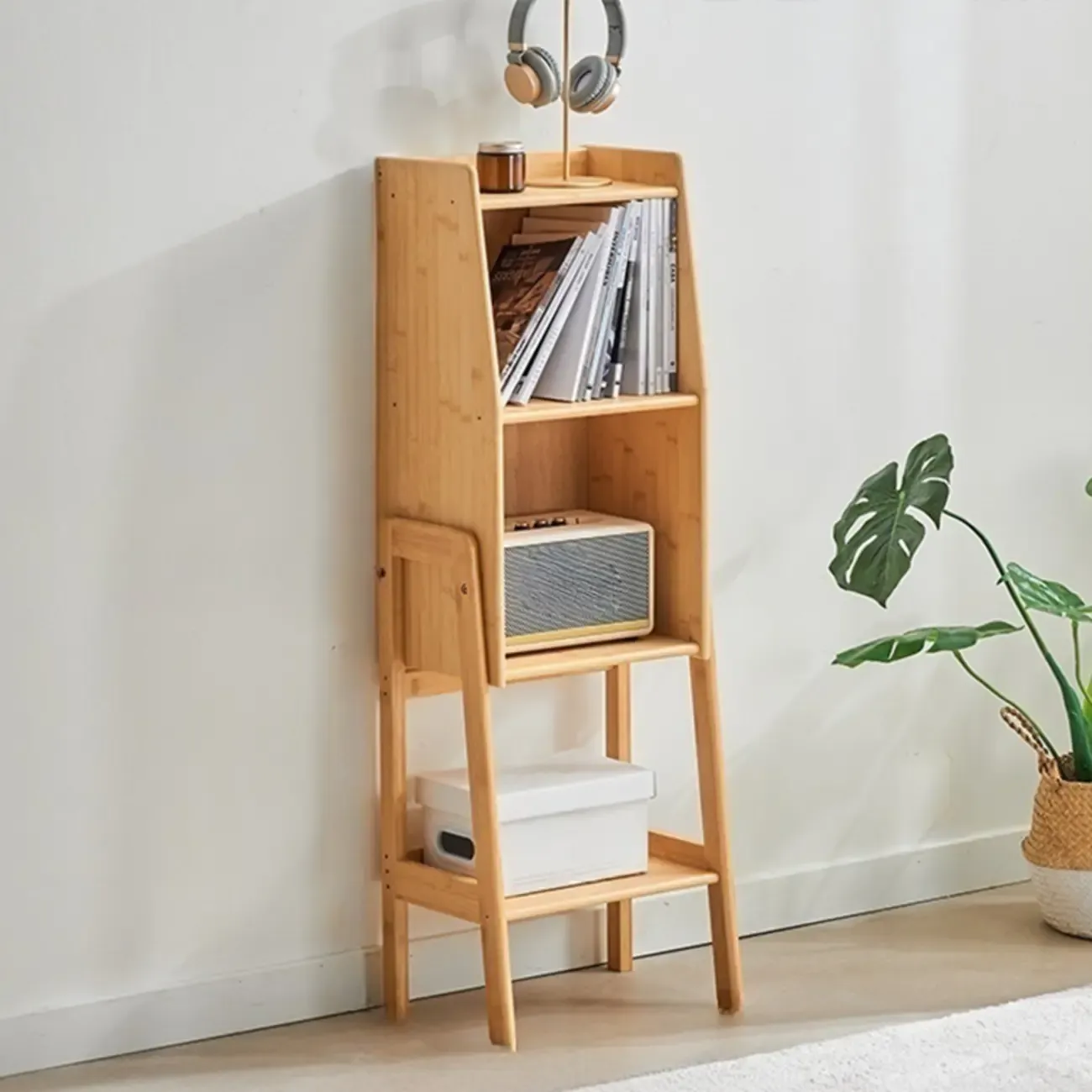 Antique Modern Wood Narrow Ladder Bookcase Image - 3