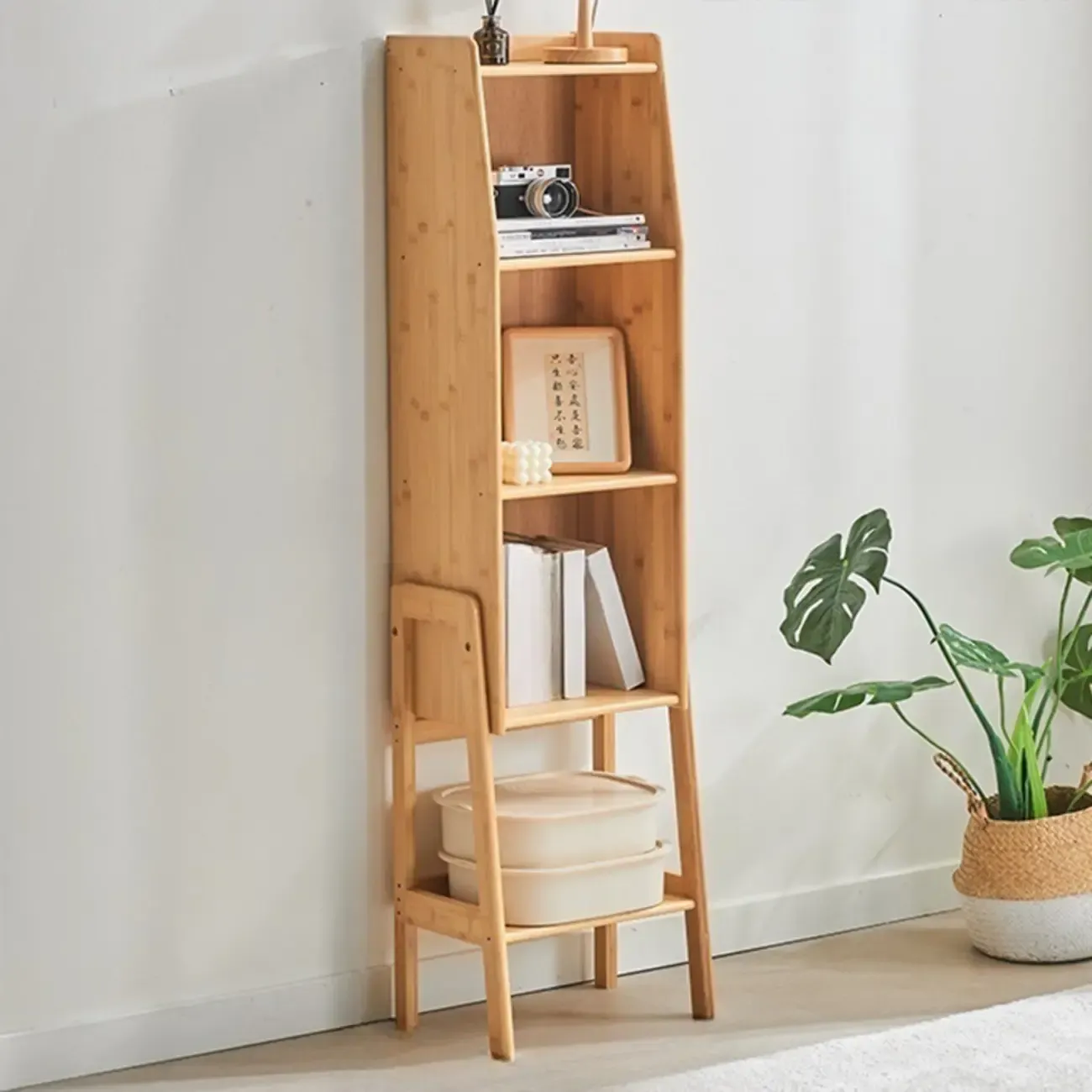 Antique Modern Wood Narrow Ladder Bookcase Image - 5