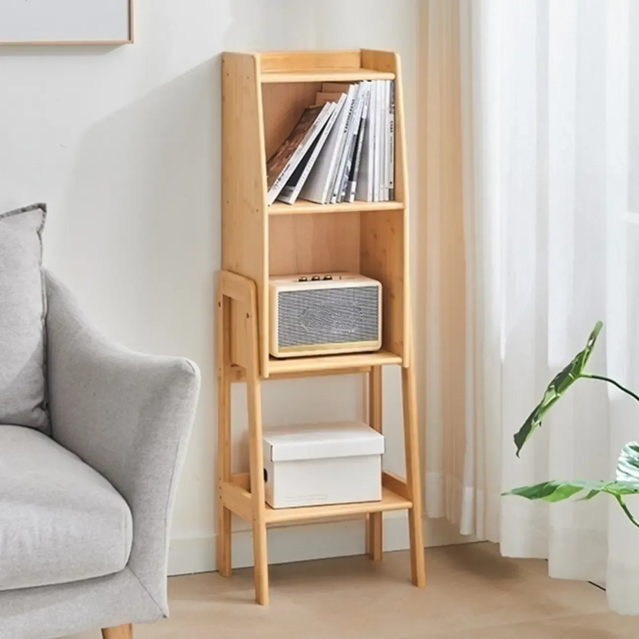 Antique Modern Wood Narrow Ladder Bookcase Image - 6