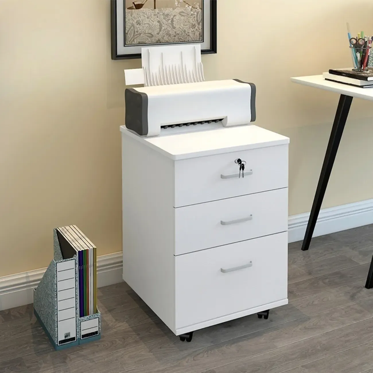 Stylish Wooden Filing Cabinet with Lock and Wheels for Office Image - 1