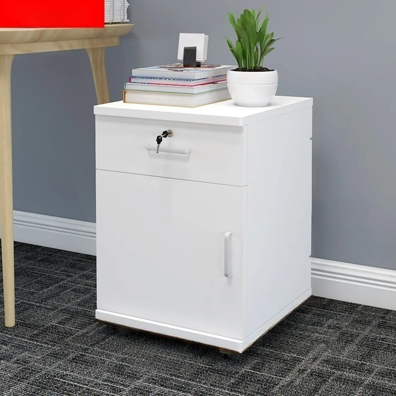 Stylish Wooden Filing Cabinet with Lock and Wheels for Office Image - 2 | homeyfad