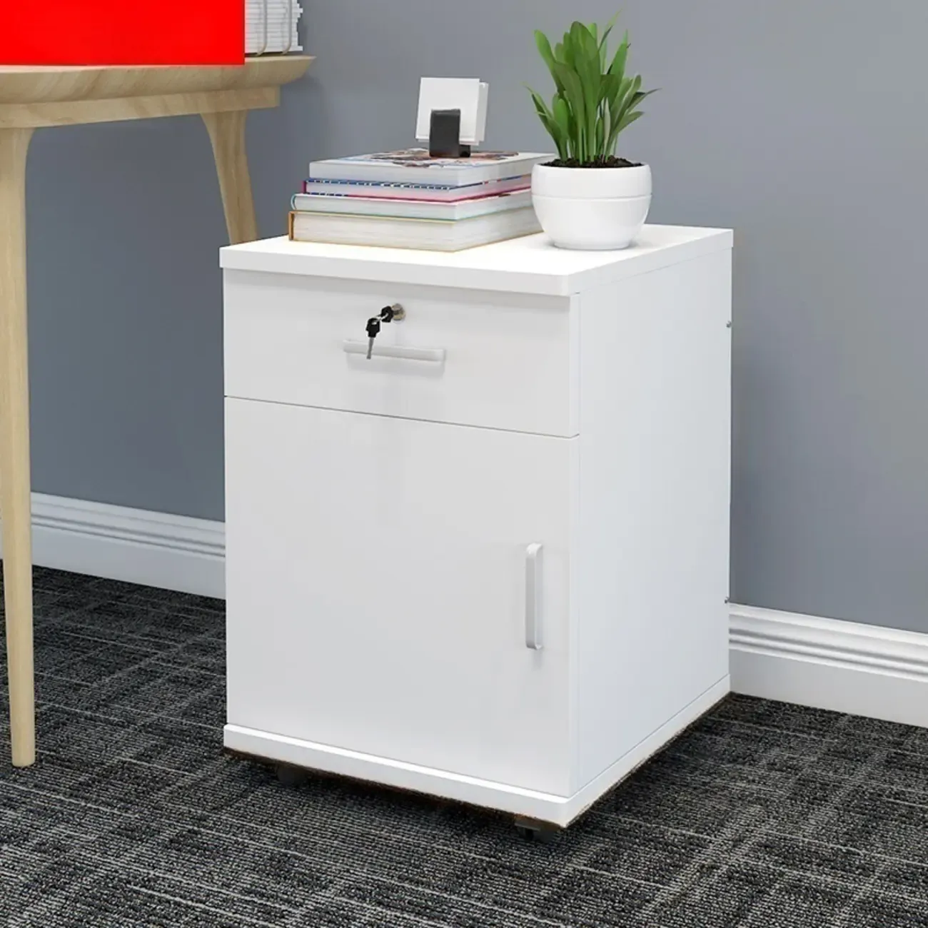 Stylish Wooden Filing Cabinet with Lock and Wheels for Office Image - 2