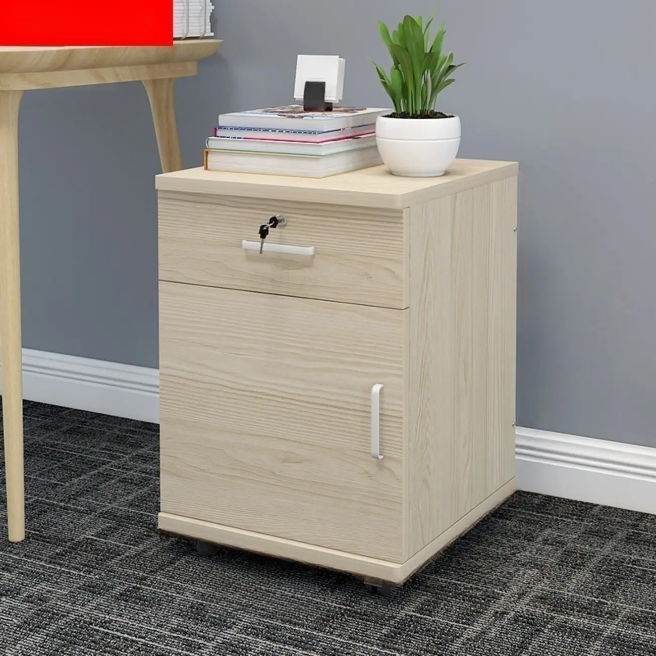 Stylish Wooden Filing Cabinet with Lock and Wheels for Office Image - 3 | homeyfad