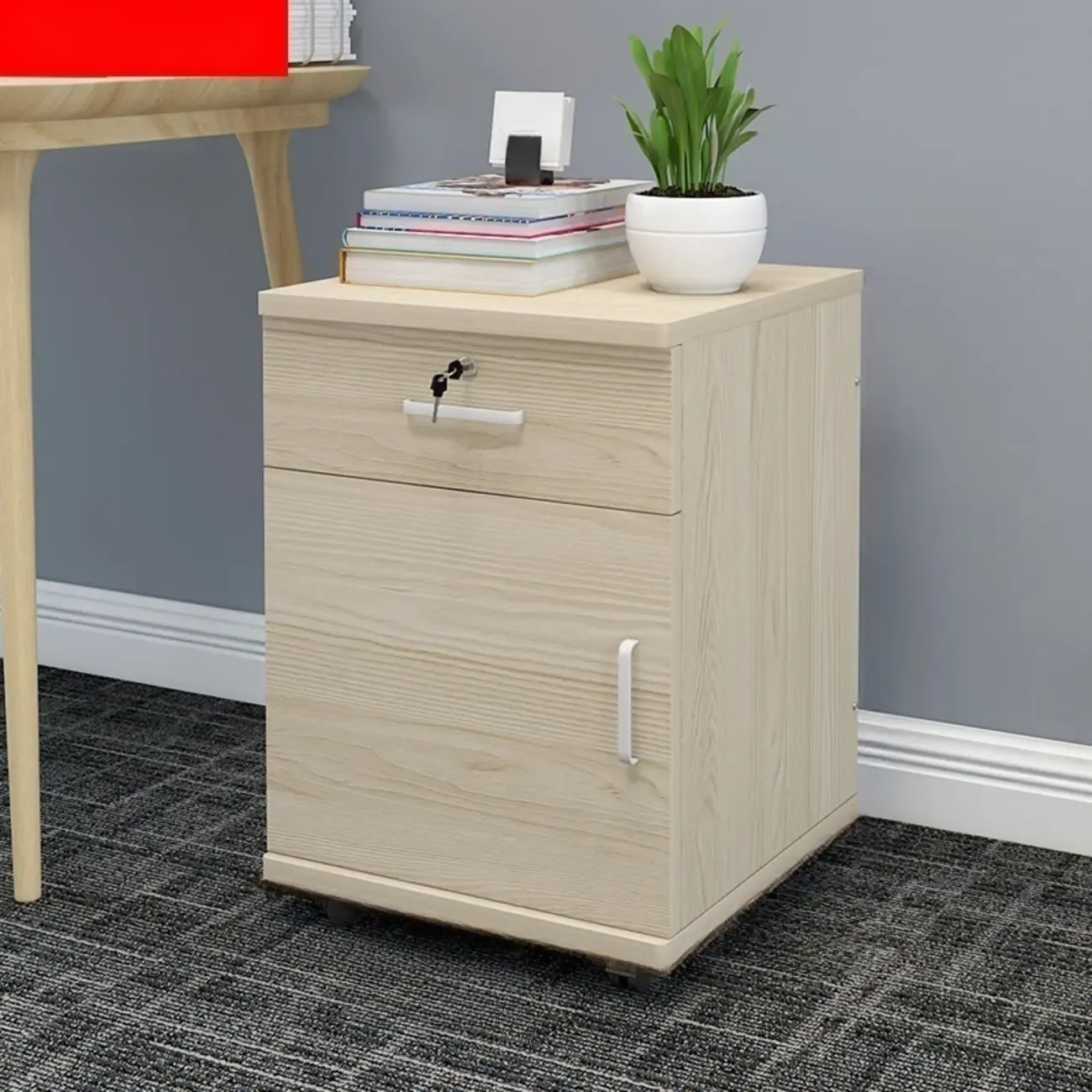 Stylish Wooden Filing Cabinet with Lock and Wheels for Office Image - 3