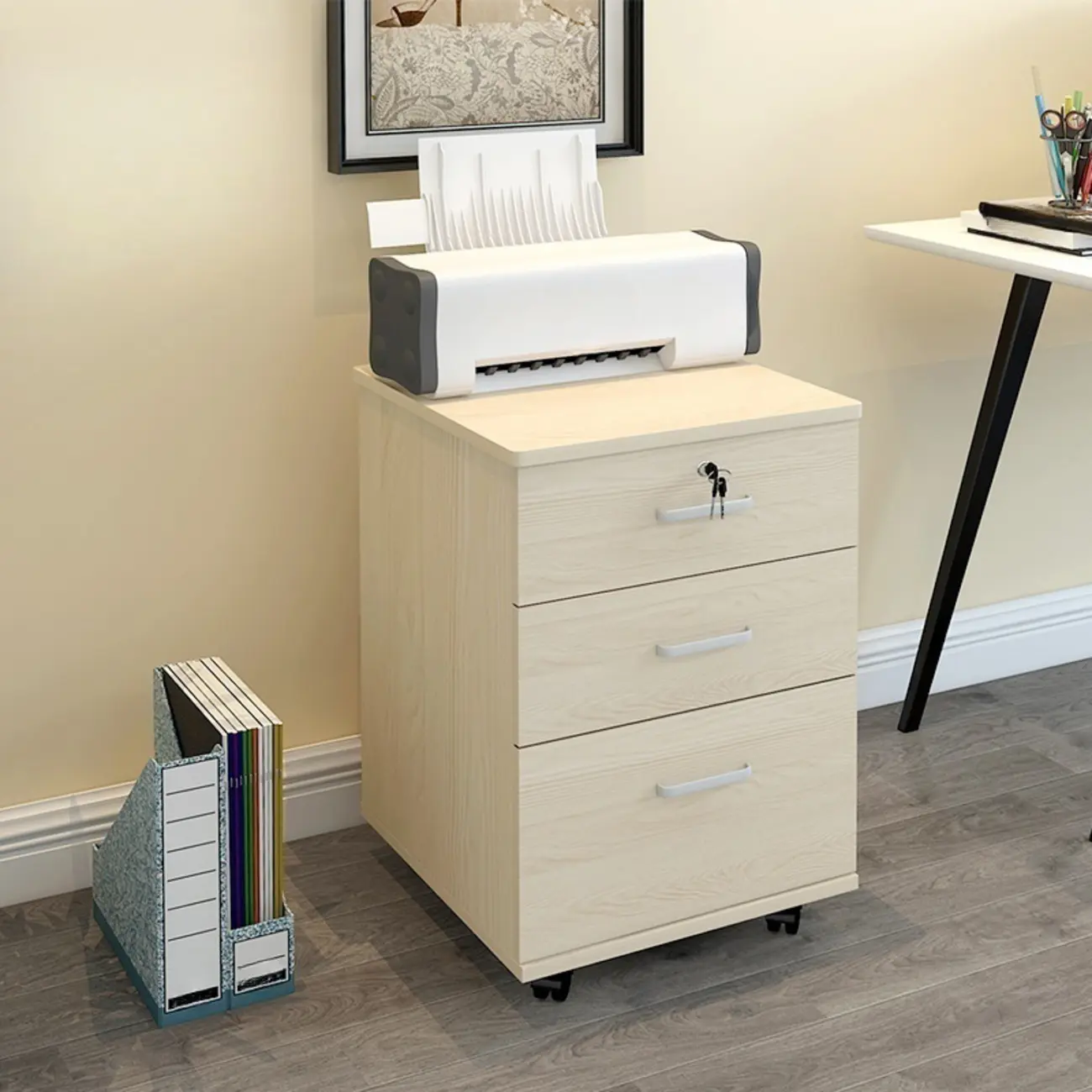 Stylish Wooden Filing Cabinet with Lock and Wheels for Office Image - 4 | homeyfad