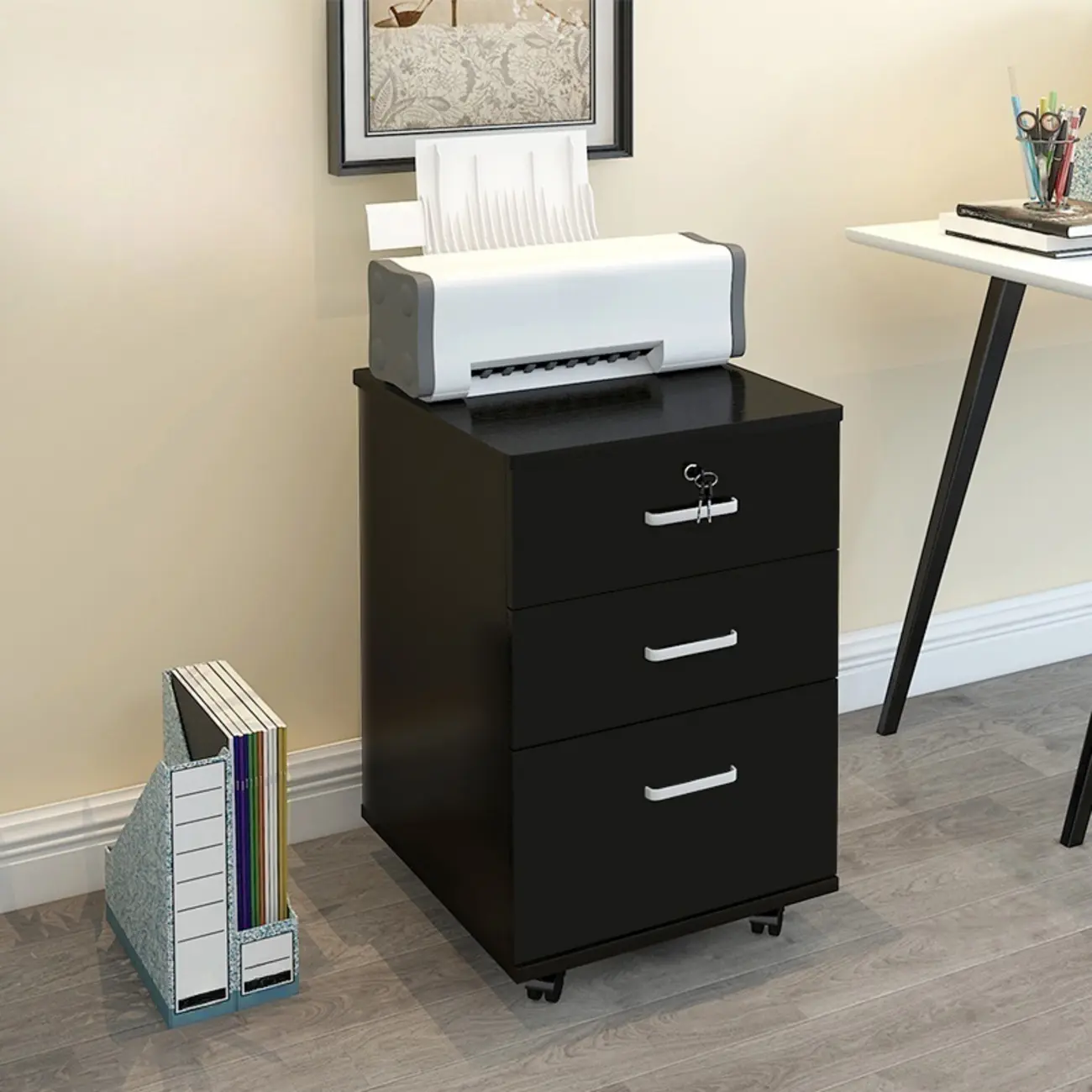 Stylish Wooden Filing Cabinet with Lock and Wheels for Office Image - 5 | homeyfad