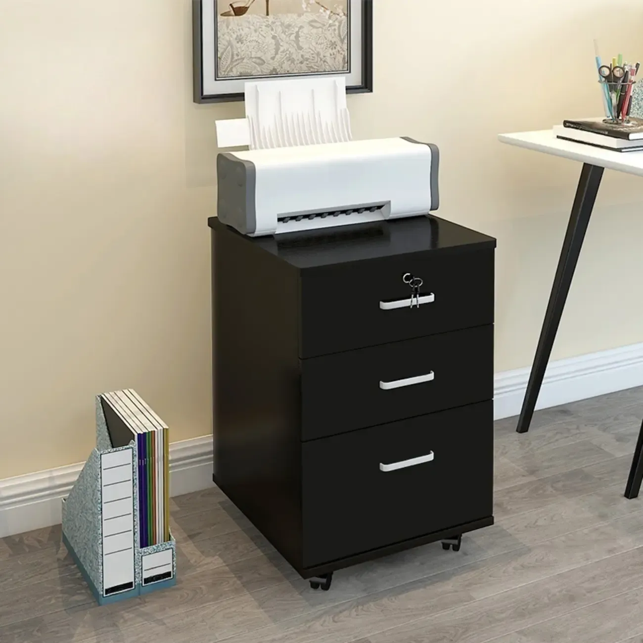 Stylish Wooden Filing Cabinet with Lock and Wheels for Office Image - 5