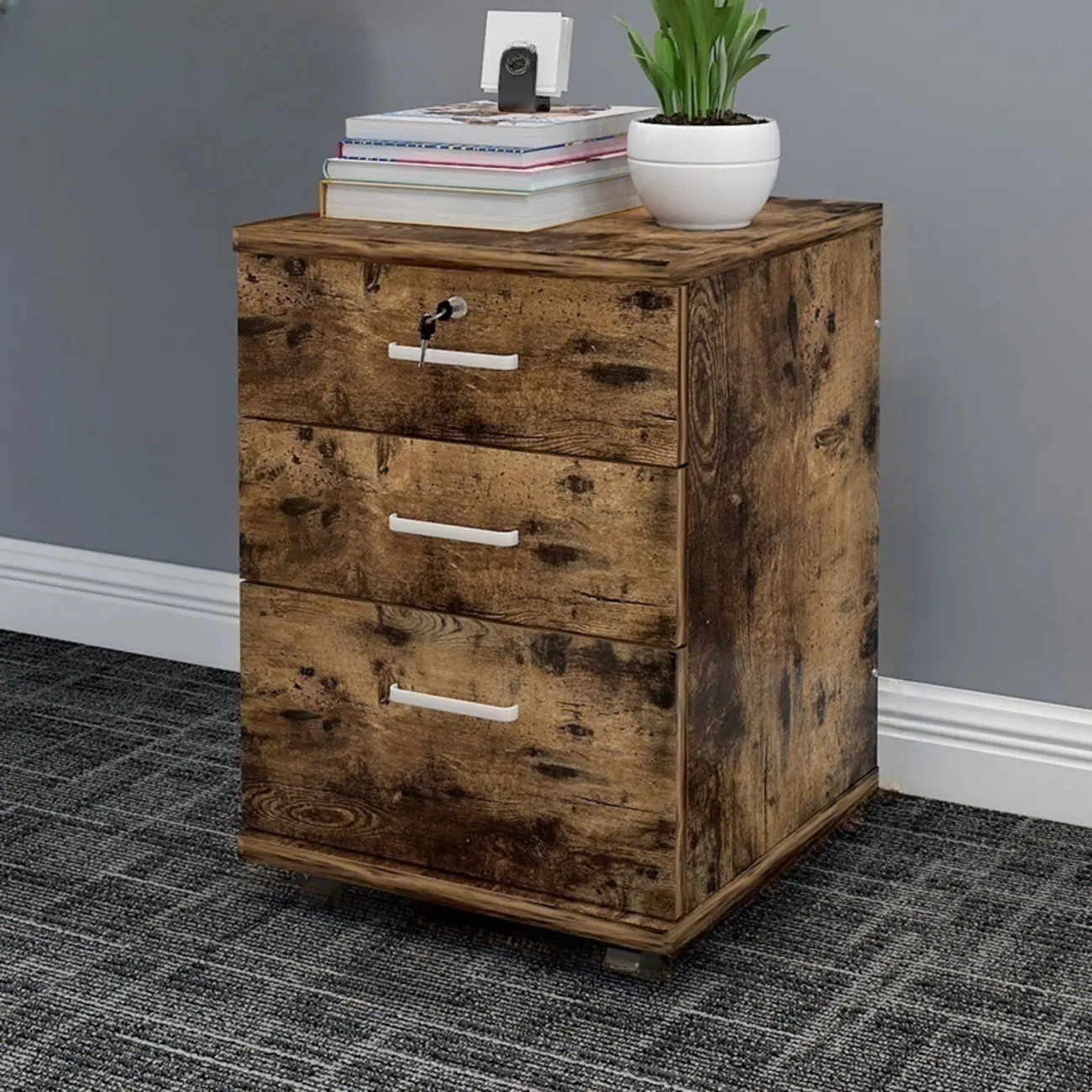 Stylish Wooden Filing Cabinet with Lock and Wheels for Office Image - 6 | homeyfad