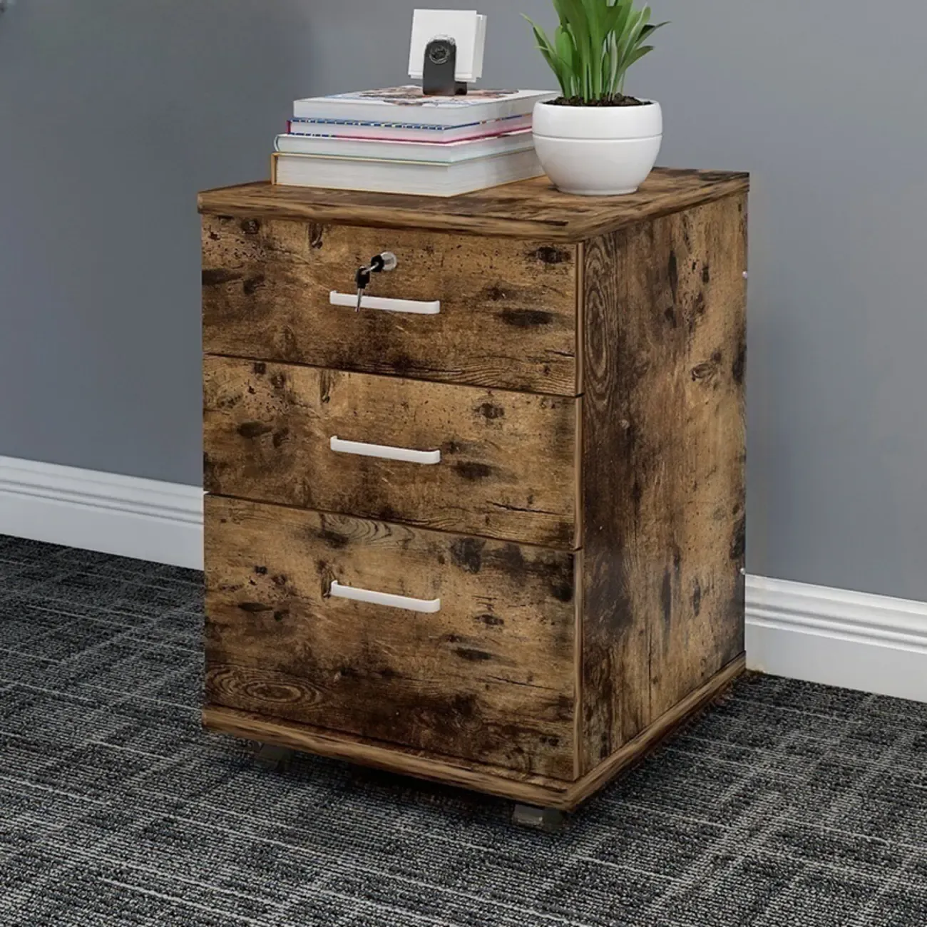 Stylish Wooden Filing Cabinet with Lock and Wheels for Office Image - 6