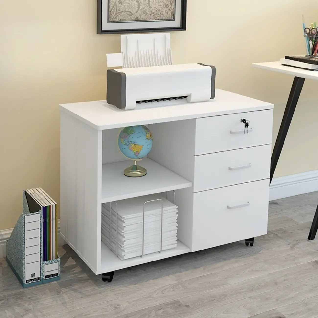 Stylish Wooden Filing Cabinet with Lock and Wheels for Office Image - 8