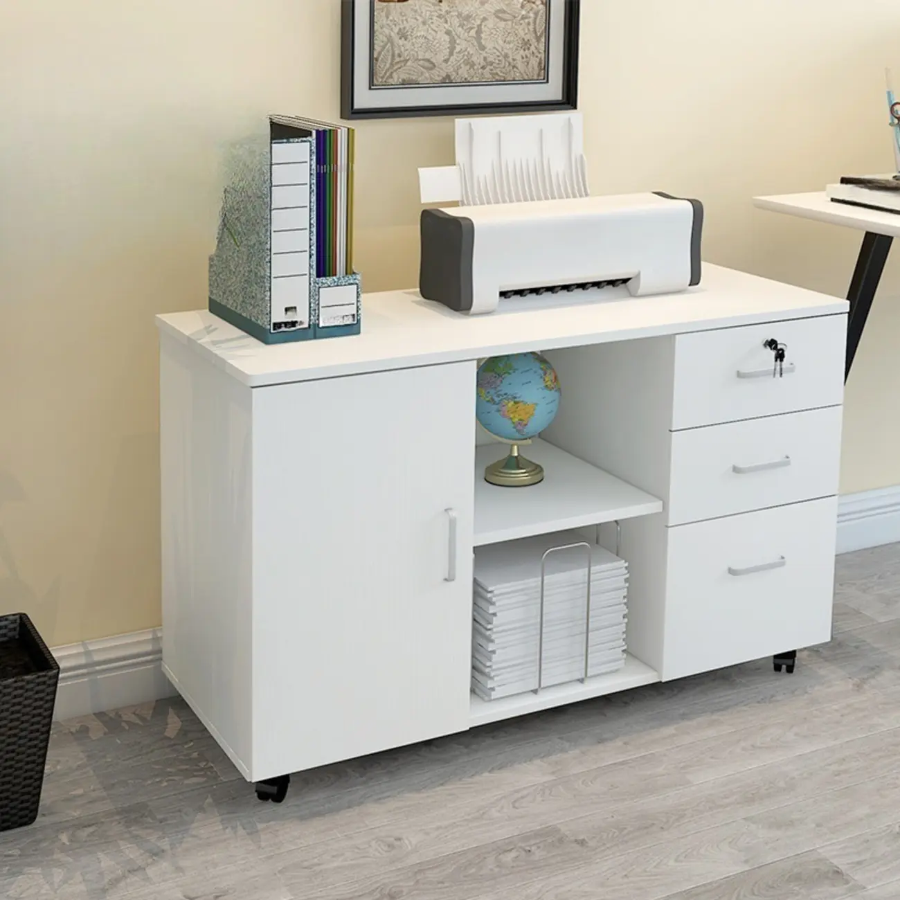 Stylish Wooden Filing Cabinet with Lock and Wheels for Office Image - 11 | homeyfad