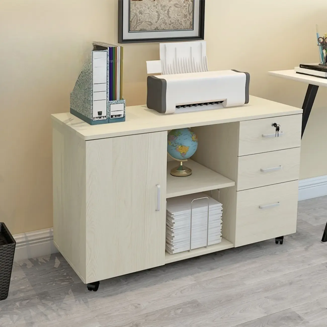 Stylish Wooden Filing Cabinet with Lock and Wheels for Office Image - 13