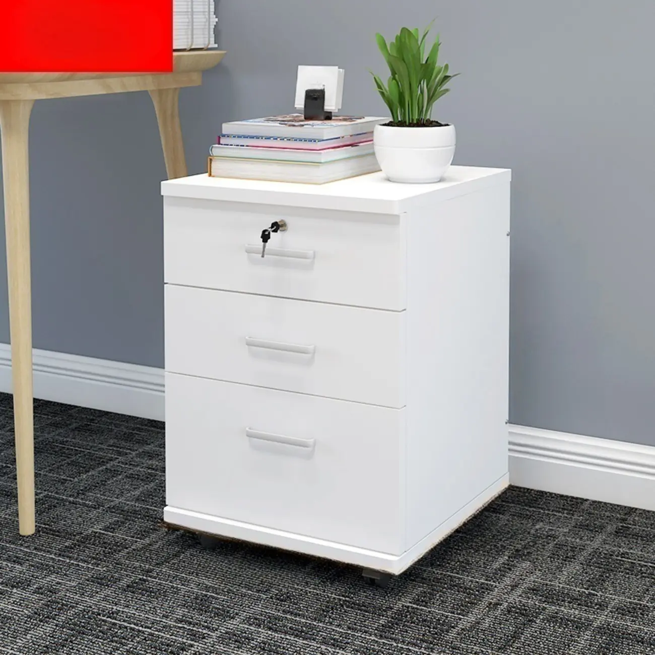 Stylish Wooden Filing Cabinet with Lock and Wheels for Office Image - 16 | homeyfad