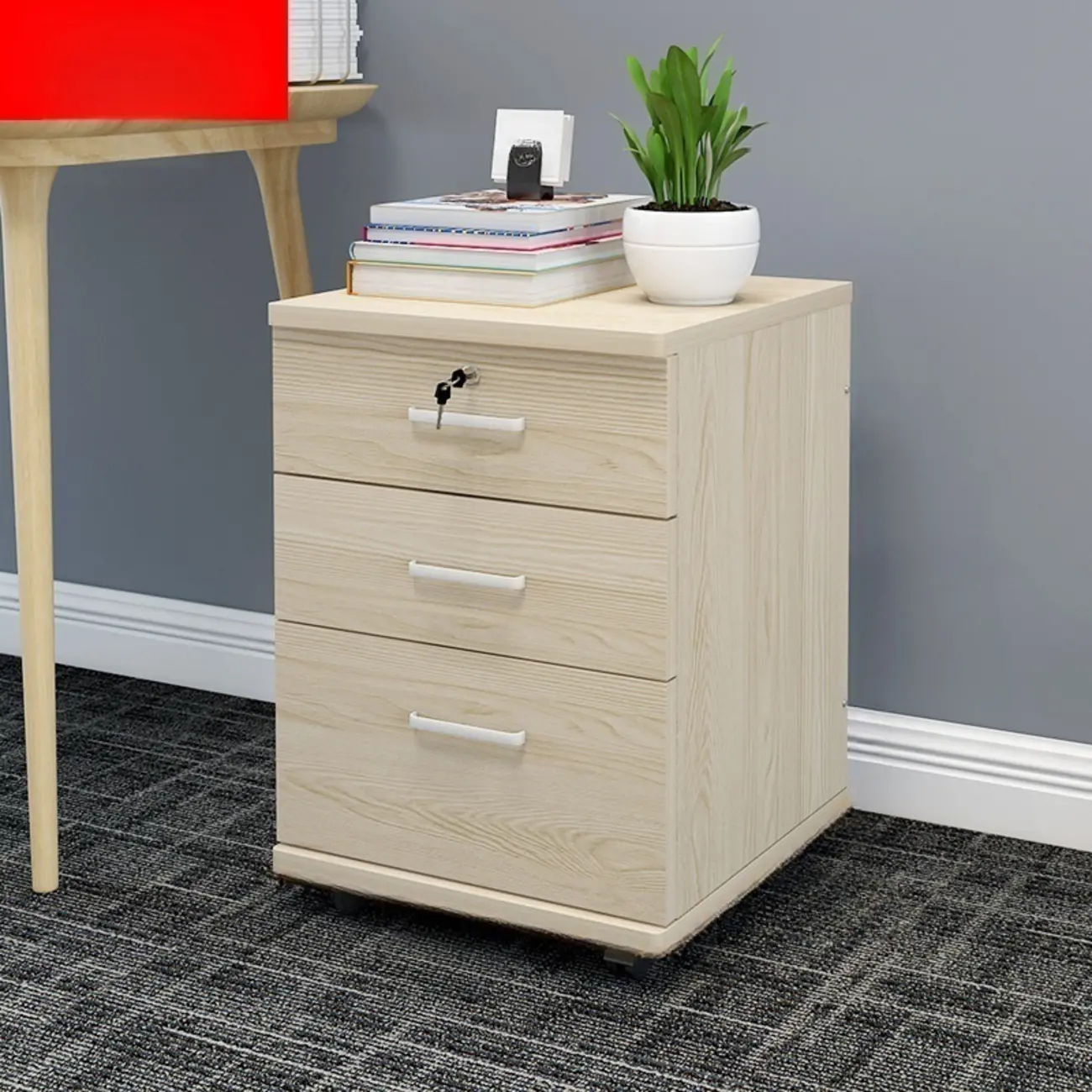 Stylish Wooden Filing Cabinet with Lock and Wheels for Office Image - 18 | homeyfad