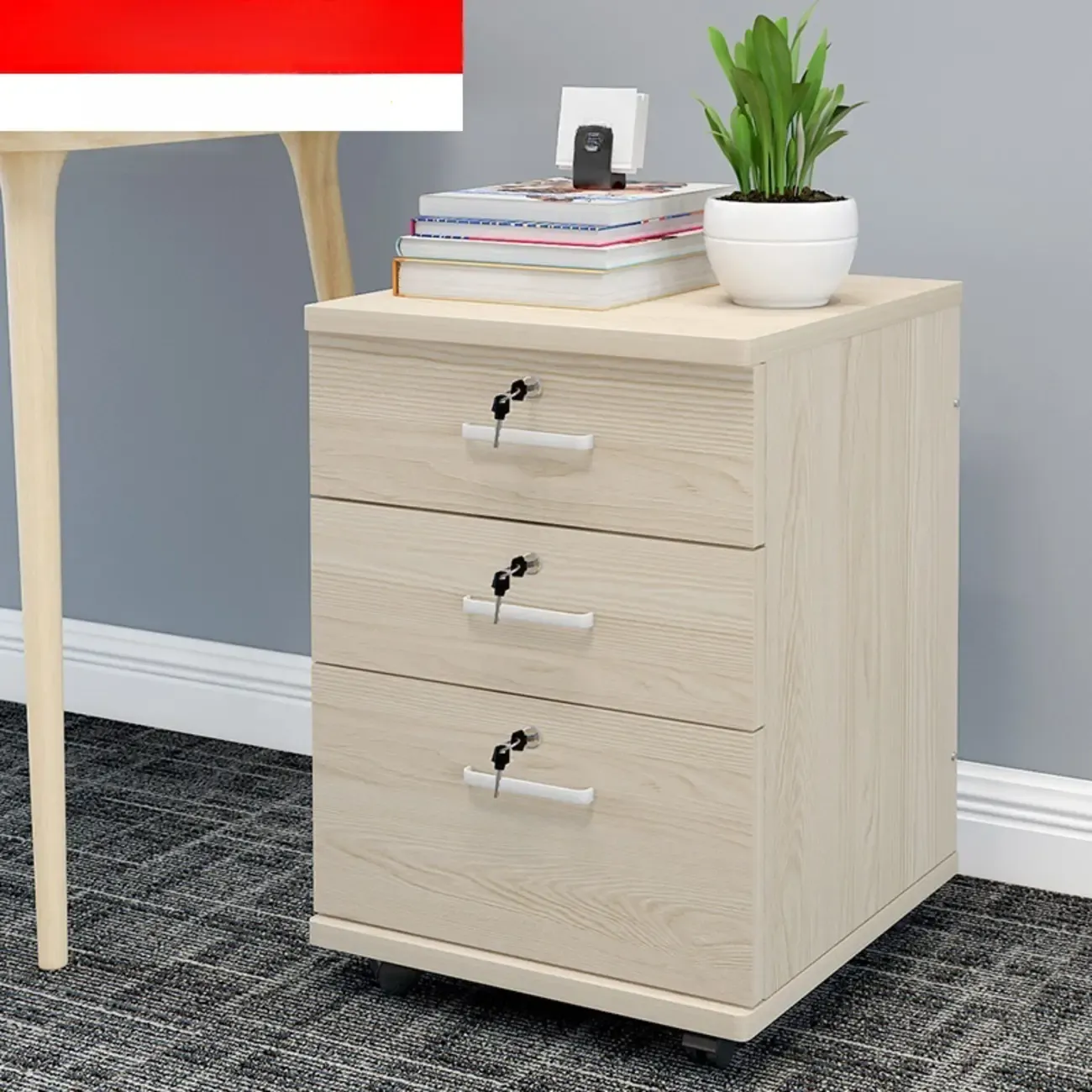 Stylish Wooden Filing Cabinet with Lock and Wheels for Office Image - 20