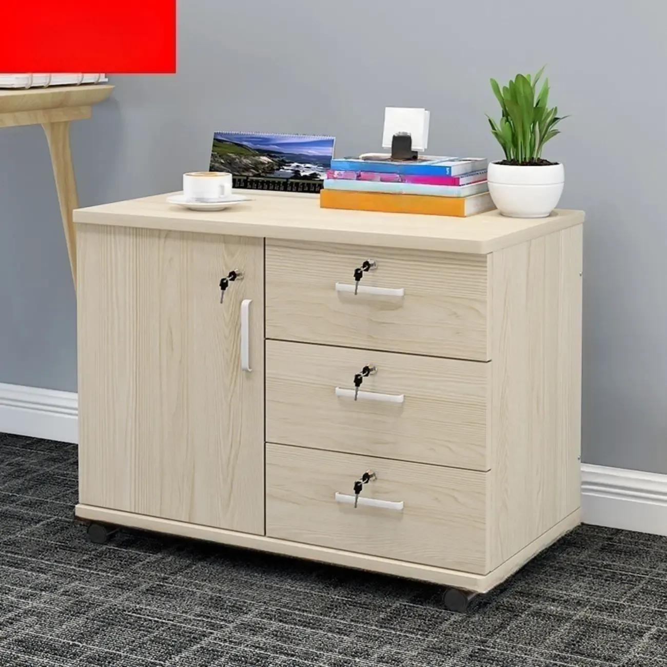 Stylish Wooden Filing Cabinet with Lock and Wheels for Office Image - 22