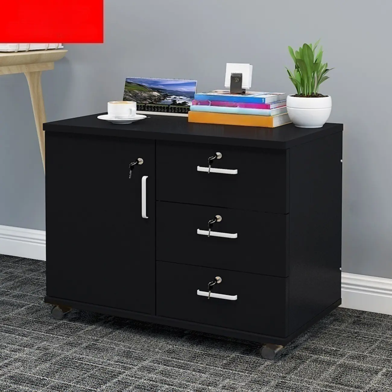 Stylish Wooden Filing Cabinet with Lock and Wheels for Office Image - 23 | homeyfad