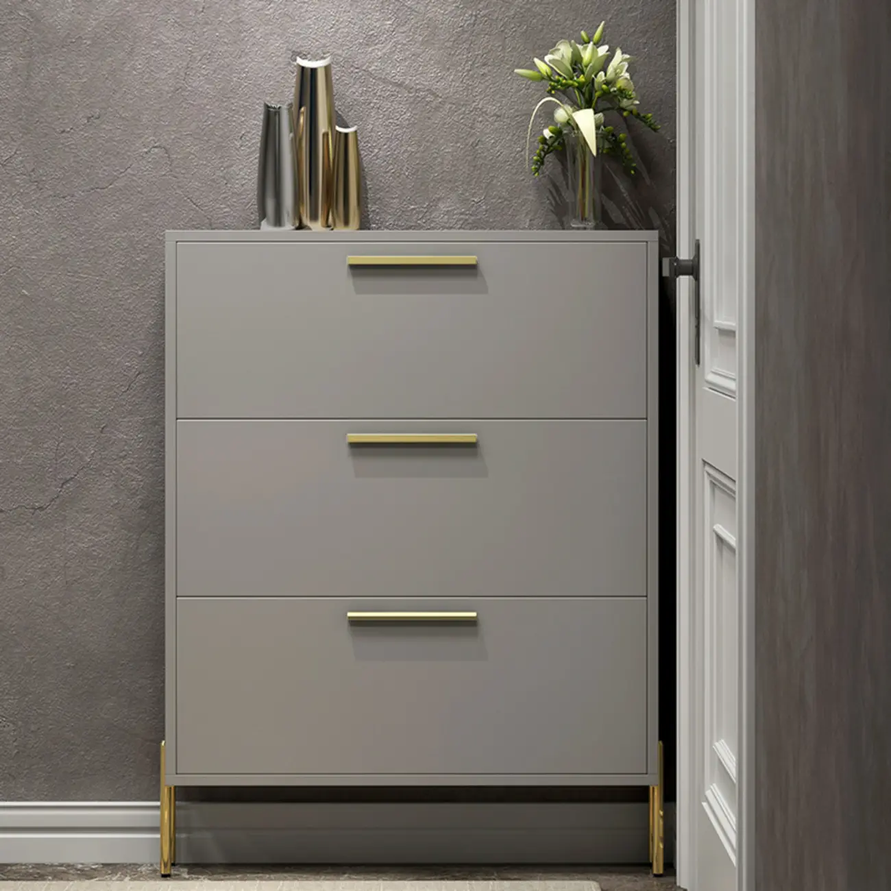 3-Tier Narrow Dark Gray Drop-Front Wood Shoe Cabinet Image - 3 | homeyfad