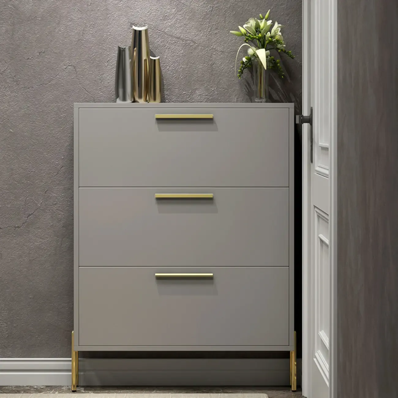 3-Tier Narrow Dark Gray Drop-Front Wood Shoe Cabinet Image - 3