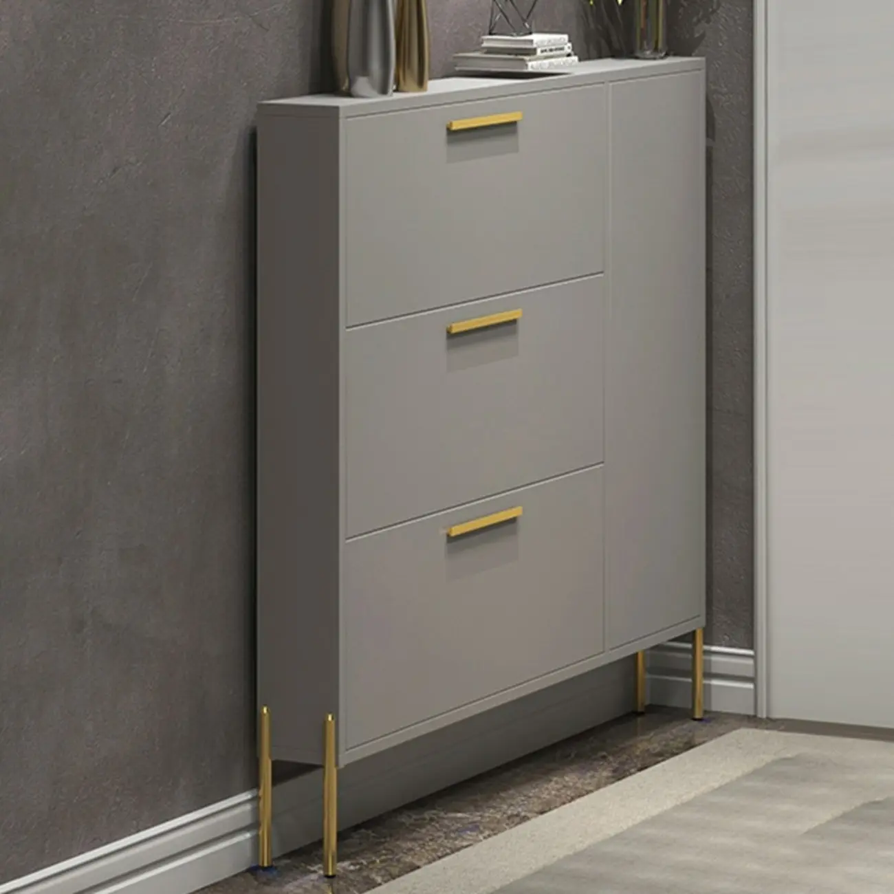 3-Tier Narrow Dark Gray Drop-Front Wood Shoe Cabinet Image - 4 | homeyfad