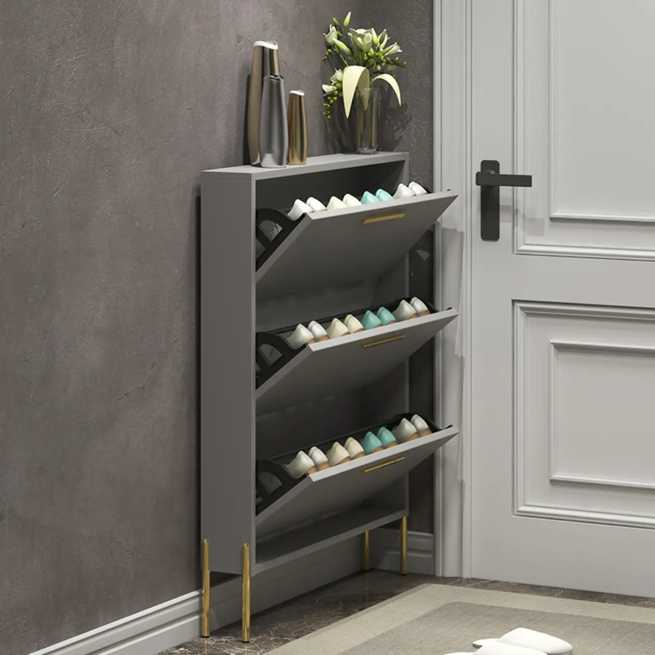 3-Tier Narrow Dark Gray Drop-Front Wood Shoe Cabinet Image - 5 | homeyfad