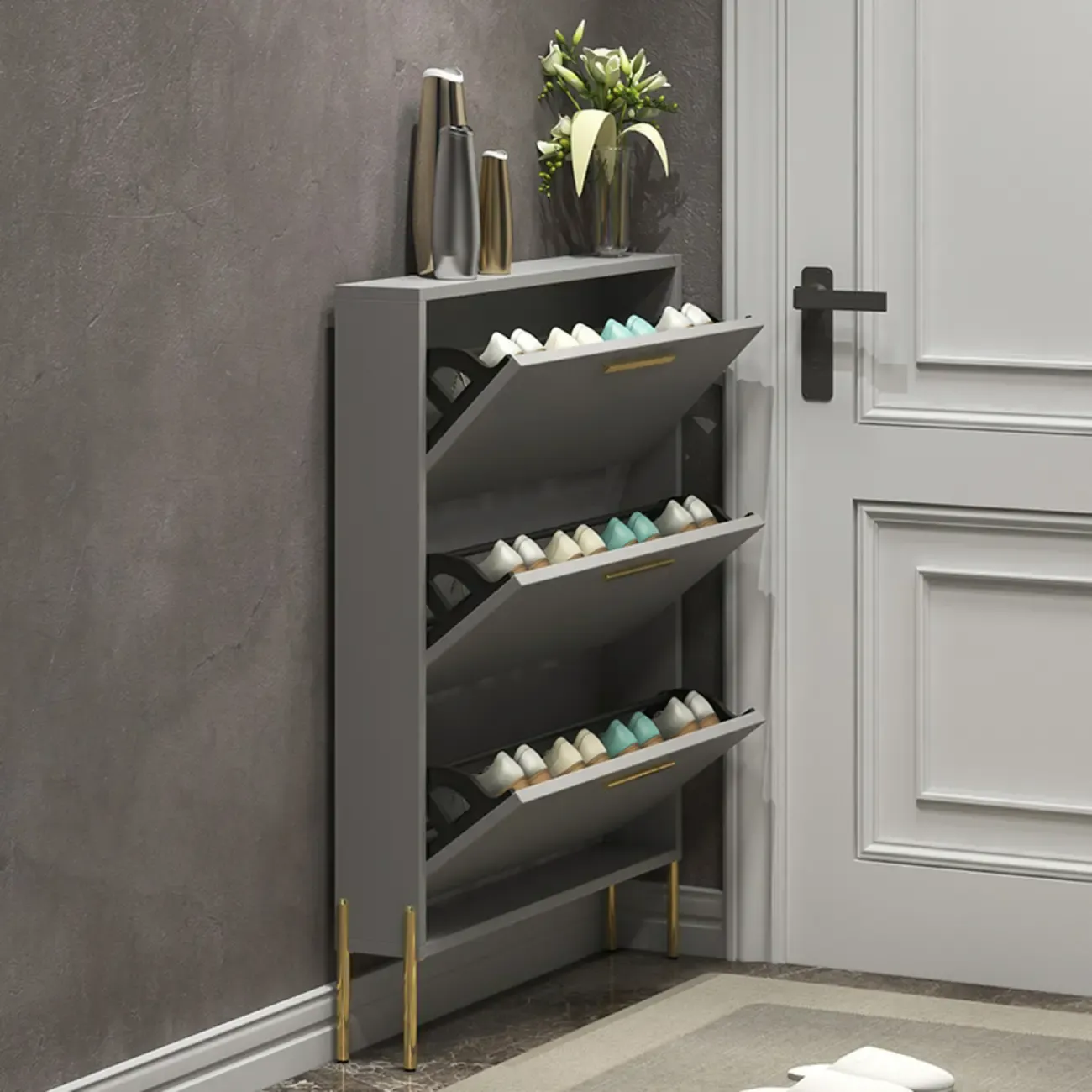 3-Tier Narrow Dark Gray Drop-Front Wood Shoe Cabinet Image - 5