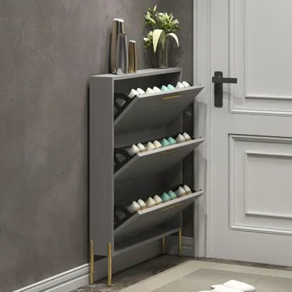3-Tier Narrow Dark Gray Drop-Front Wood Shoe Cabinet Image - 5
