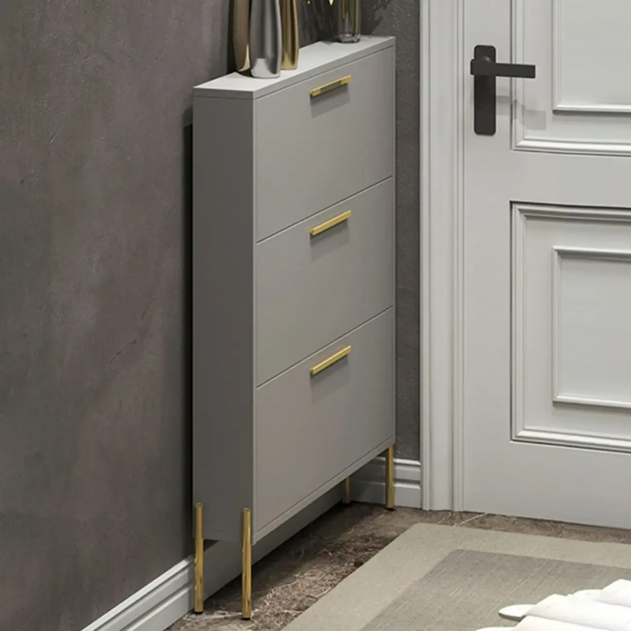 3-Tier Narrow Dark Gray Drop-Front Wood Shoe Cabinet Image - 6