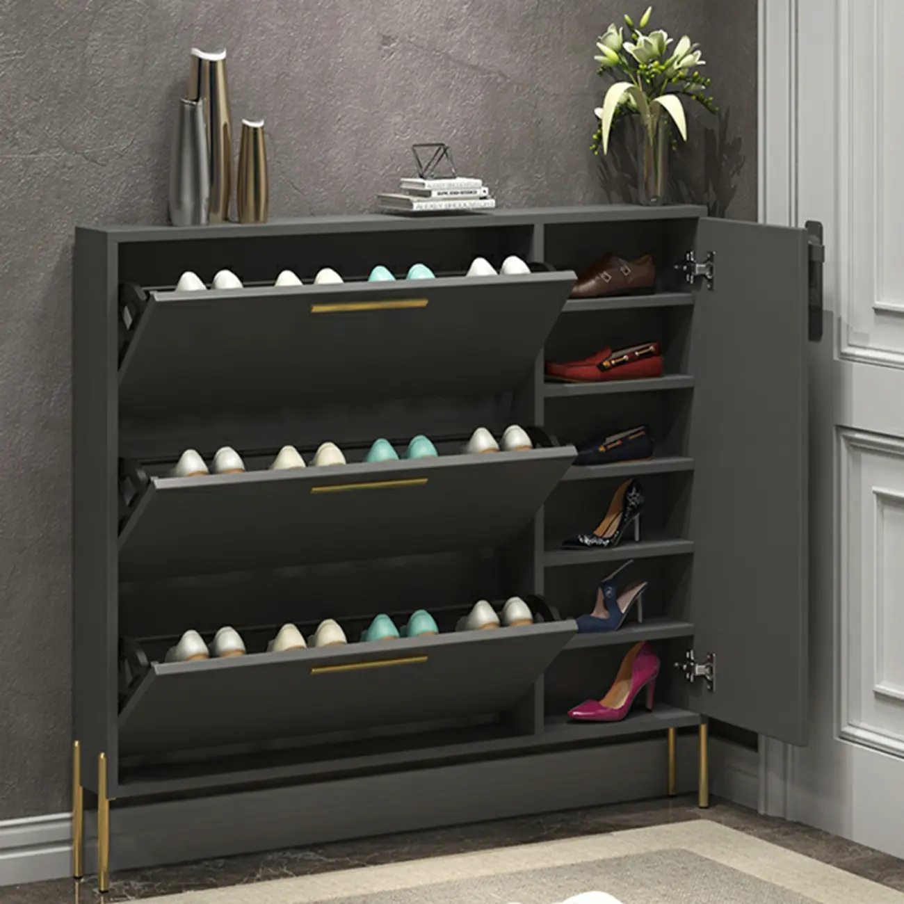 3-Tier Narrow Dark Gray Drop-Front Wood Shoe Cabinet Image - 2 | homeyfad