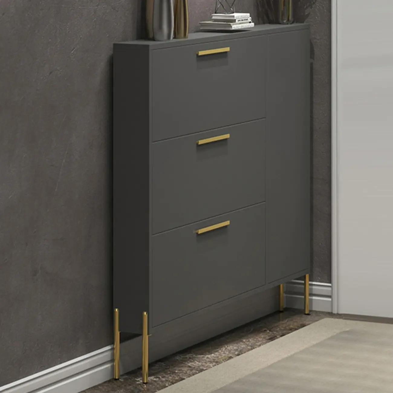 3-Tier Narrow Dark Gray Drop-Front Wood Shoe Cabinet Image - 7 | homeyfad