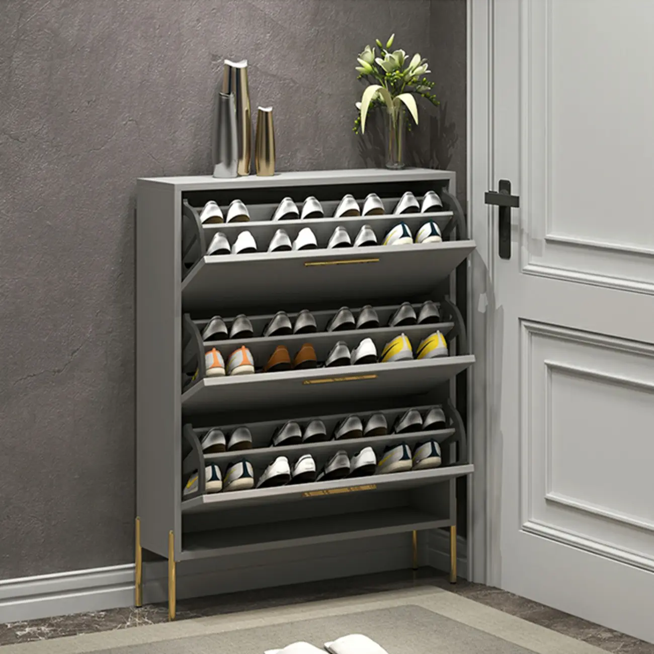 3-Tier Narrow Dark Gray Drop-Front Wood Shoe Cabinet Image - 8 | homeyfad