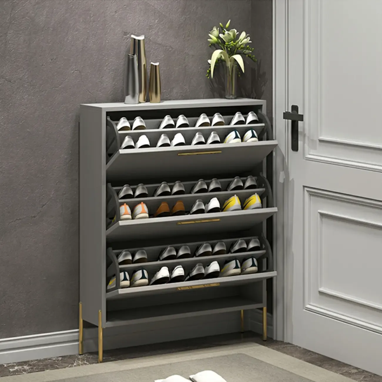 3-Tier Narrow Dark Gray Drop-Front Wood Shoe Cabinet Image - 8