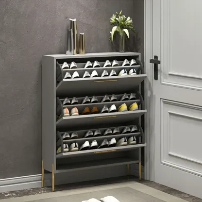 3-Tier Narrow Dark Gray Drop-Front Wood Shoe Cabinet Image - 8
