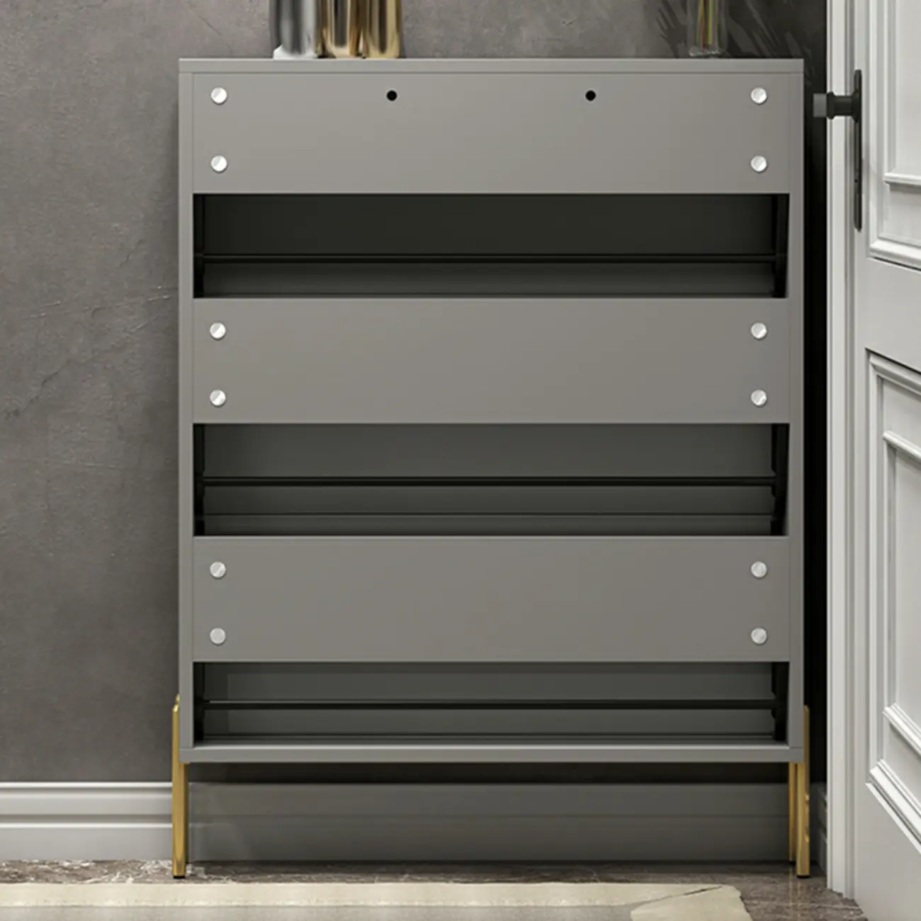 3-Tier Narrow Dark Gray Drop-Front Wood Shoe Cabinet Image - 10 | homeyfad