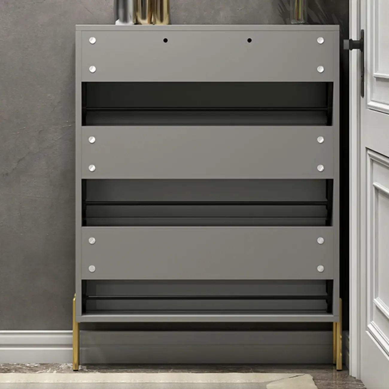 3-Tier Narrow Dark Gray Drop-Front Wood Shoe Cabinet Image - 10