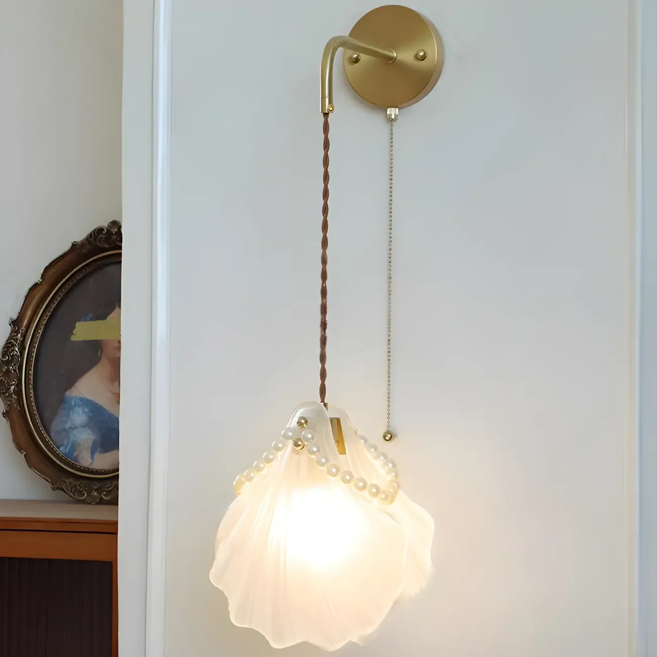 Modern Gold Shell Wall Light with Frosted Glass for Bedroom Image - 2