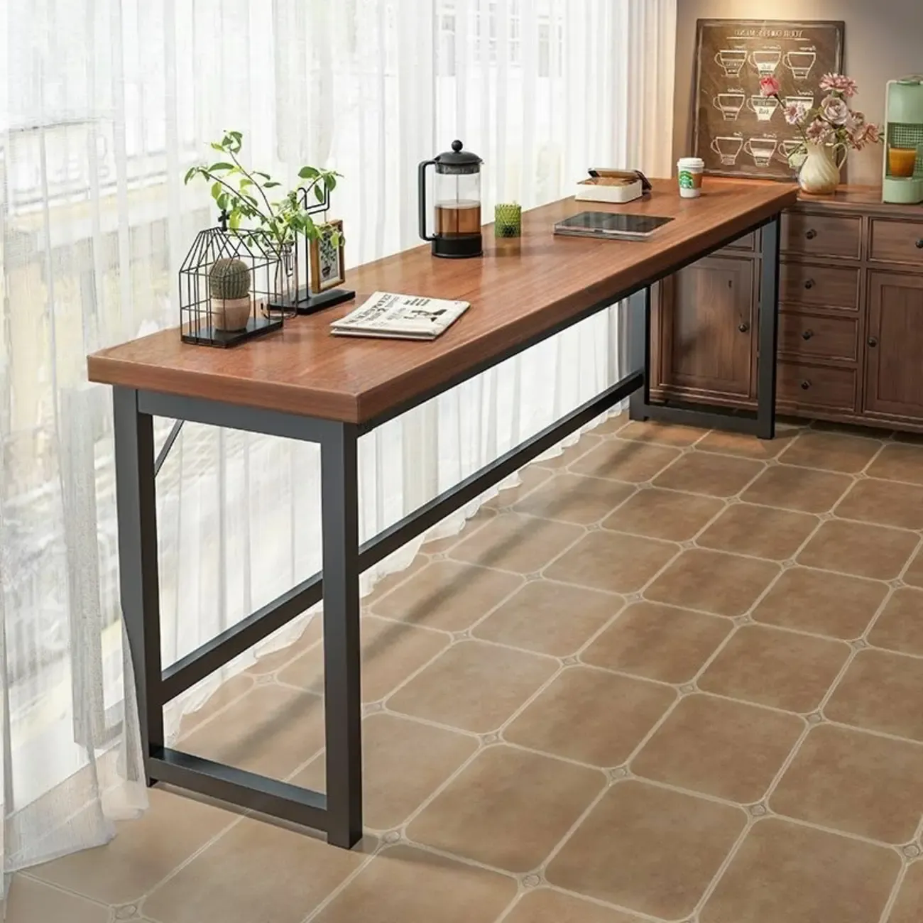 Modern Brown Wooden Metal Frame Fixed Top Bar Tables Image - 2