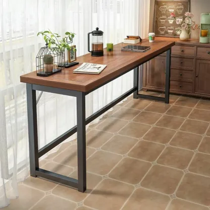 Modern Brown Wooden Metal Frame Fixed Top Bar Tables Image - 3