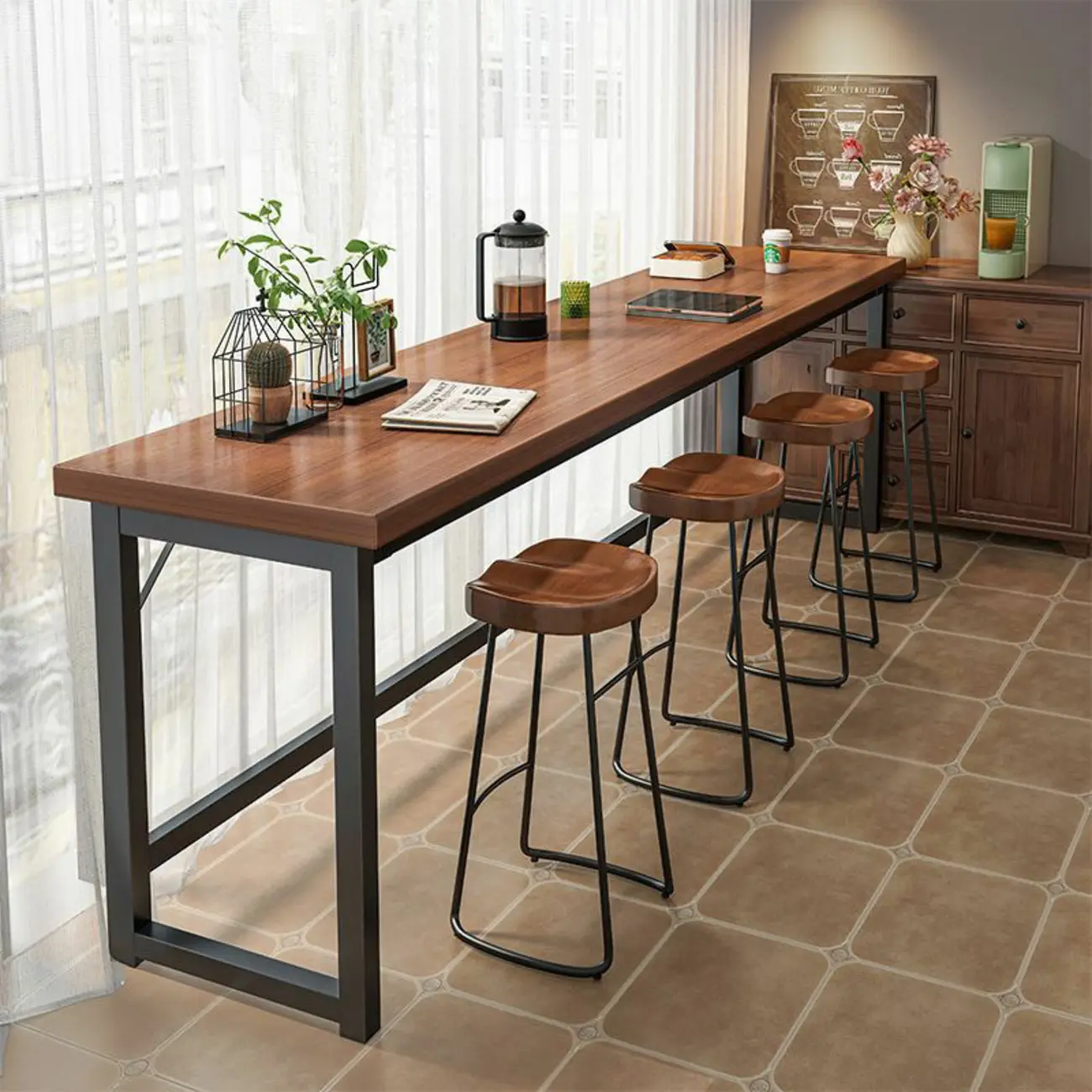 Modern Brown Wooden Metal Frame Fixed Top Bar Tables Image - 4 | homeyfad